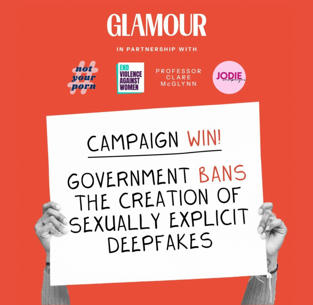 Hands holding a placard that says: Campaign win! Government bans the creation of sexually explicit deepfakes